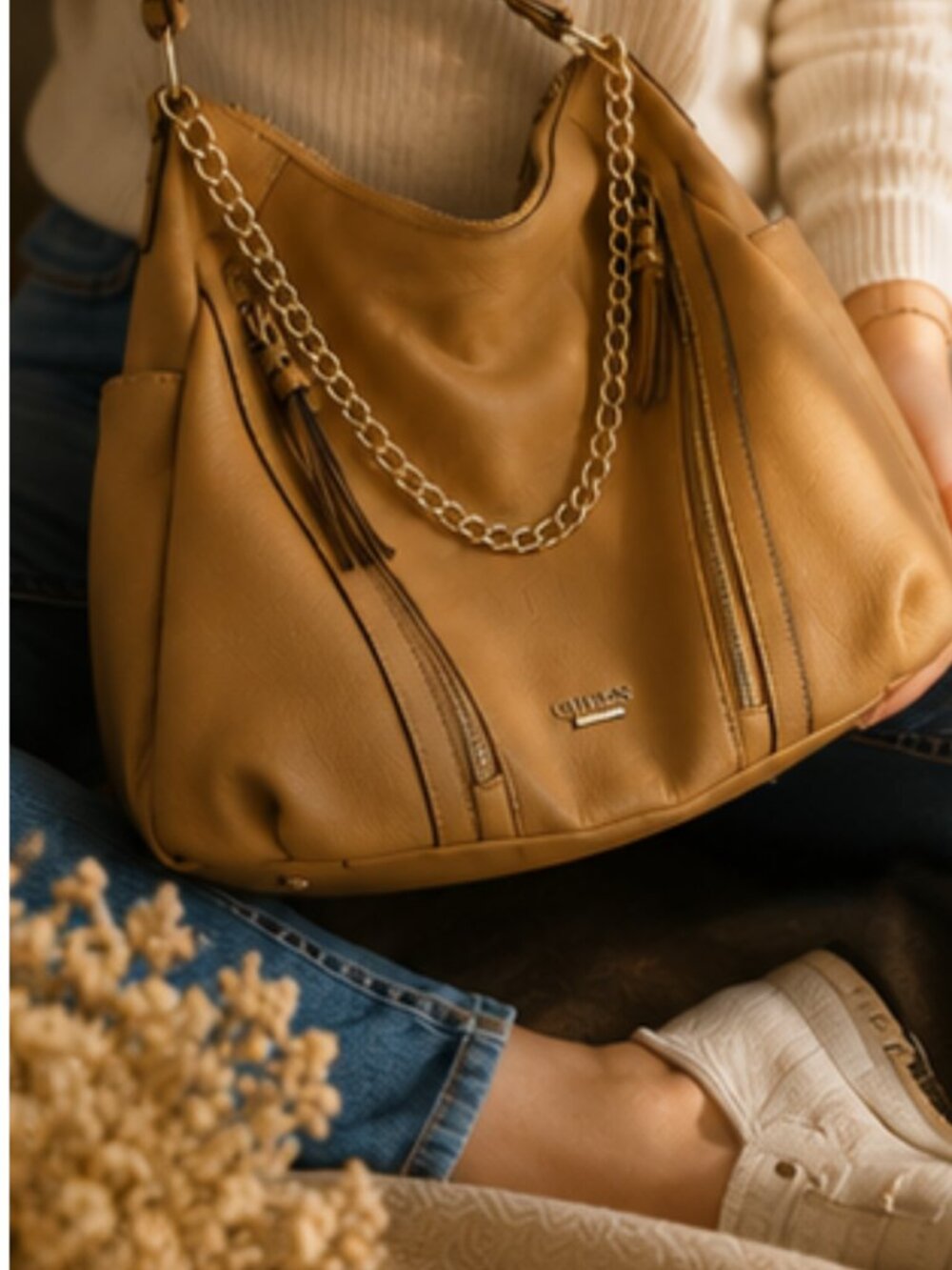 GUESS Tan Slouchy Hobo Shoulder Bag | Gold Chain Detail - Picture 2 of 3